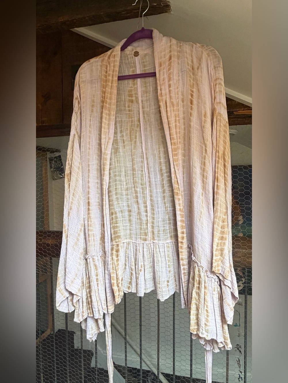 Free People Lightweight Gauze Open Cardigan in Pale Lavender Blush and Cream